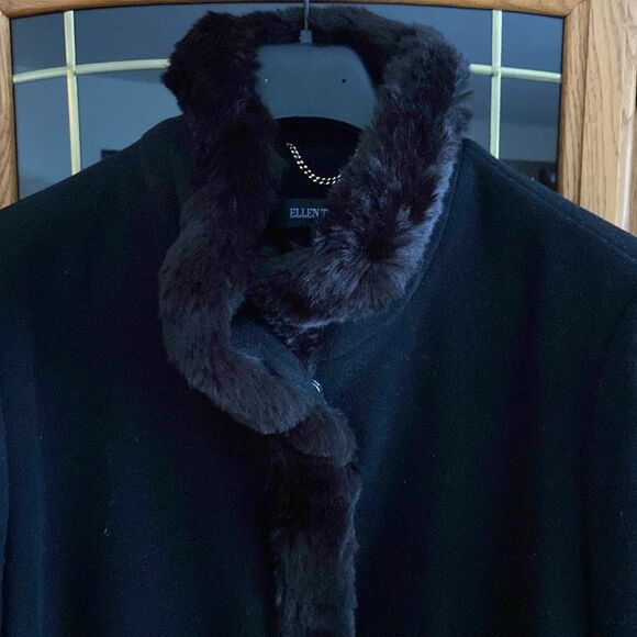Ellen Tracy Long Black Wool Blend Coat withh faux fur trim - Picture 4 of 14